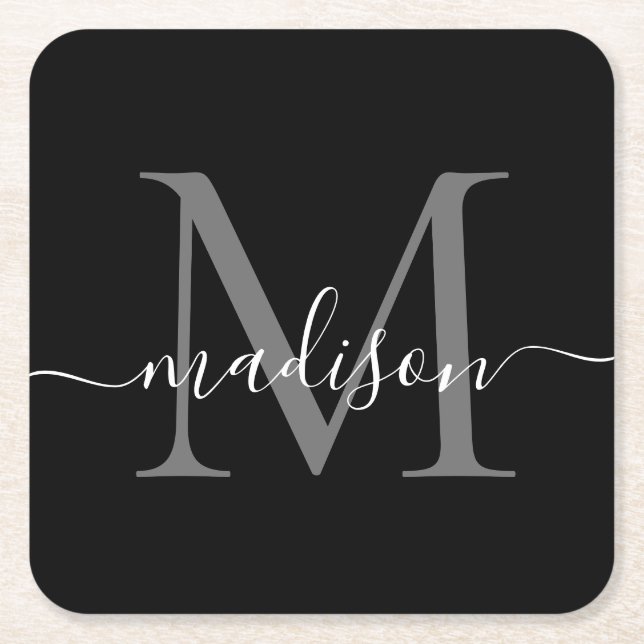 Moderne Monogram Classic Black Gray Script Name Rechteckiger Pappuntersetzer (Vorderseite)