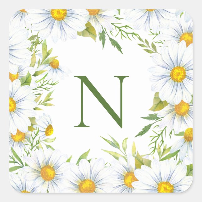 Moderne Monogram Daisies Quadratischer Aufkleber (Vorderseite)