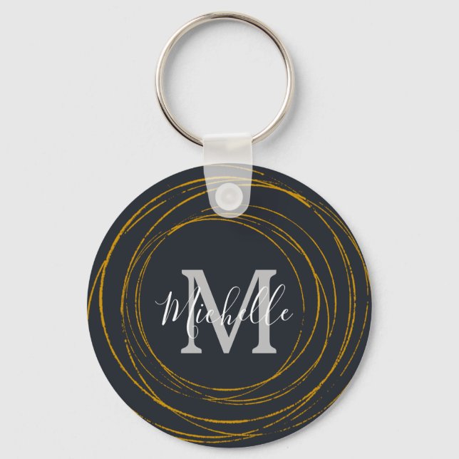 Moderne Monogram Dark Gray Gold Rings Schlüsselanhänger (Vorderseite)