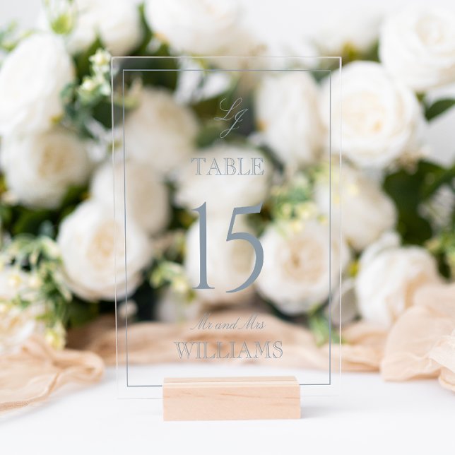 Moderne Monogram Dusty Blue Wedding Tischnummer Acrylschild (Wedding Table Number!
)