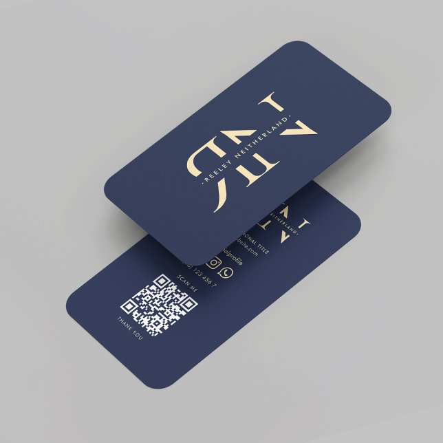 Moderne Monogram Elegans Initials Logo Dunkelblau Visitenkarte (Modern Monogram Reversed Initials Logo Dark Blue Elegant Professional QR Code Business Card)