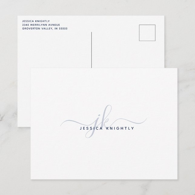 Moderne Monogram Elegant Script Initials Navy Blue Postkarte (Vorne/Hinten)