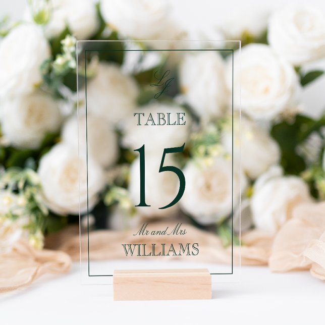 Moderne Monogram Emerald Green Wedding Tischnummer Acrylschild (Wedding Table Number!
)