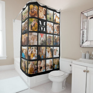 Moderne Monogram Familie Foto Collage Chic Black Duschvorhang