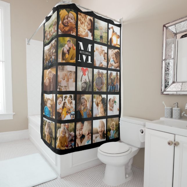 Moderne Monogram Familie Foto Collage Chic Black Duschvorhang (Beispiel)