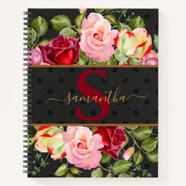 Moderne Monogram Floral Rose & Black Polka Dot Notizbuch