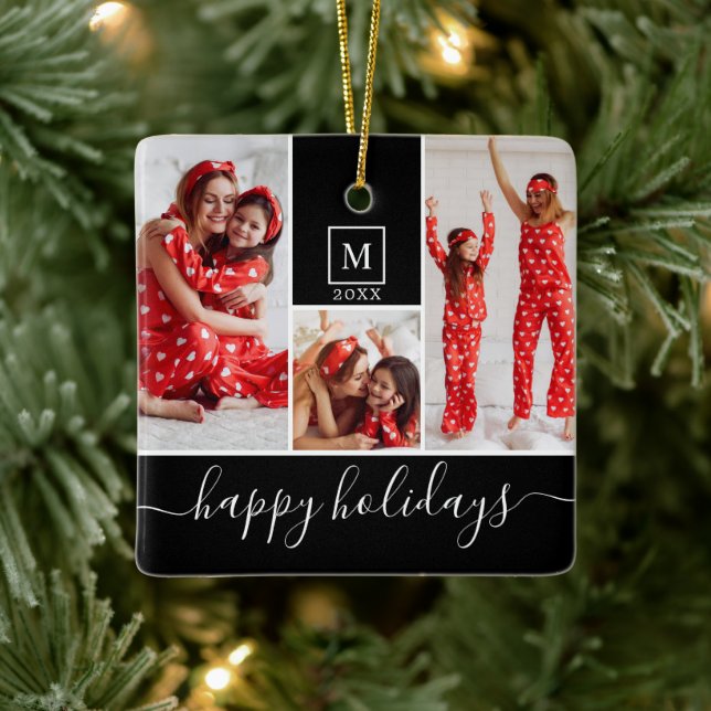 Moderne Monogram Foto Collage Happy Holiday Keramikornament (Baum)