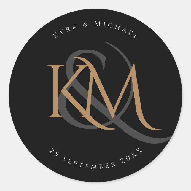 Moderne Monogram Gold Script Black Elegante Hochze Runder Aufkleber (Vorderseite)