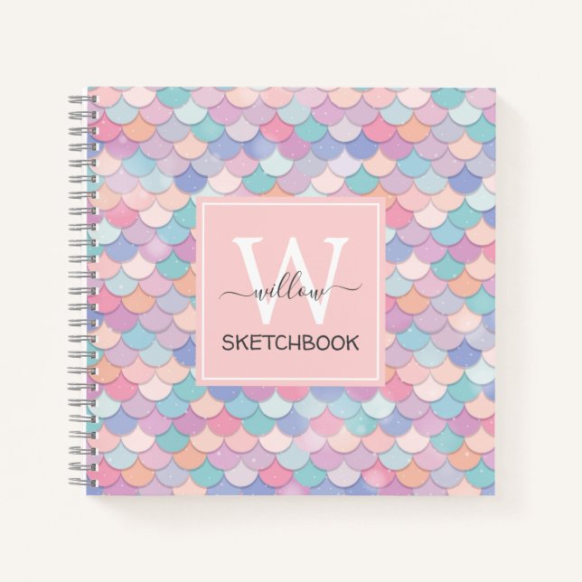 Moderne Monogram Hübsche Mermaid Pale Pink Sketch Notizbuch (Vorderseite)