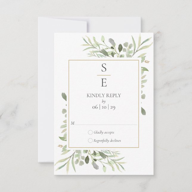 Moderne Monogram Initials Greenerity Wedding RSVP Karte (Vorderseite)