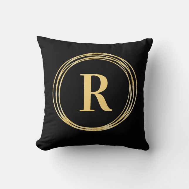 Moderne Monogram Letter Initial Black Gold Circles Kissen (Vorderseite)