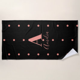 Moderne Monogram Name Rose Gold Black Polka Dots Strandtuch