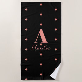 Moderne Monogram Name Rose Gold Black Polka Dots Strandtuch