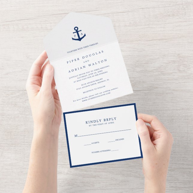 Moderne Monogram Nautical Anchor Elegante Hochzeit All In One Einladung (Abreißen)