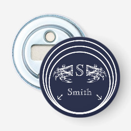 Moderne Monogram Nautical Navy Blue White Crab Flaschenöffner