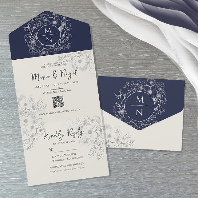 Moderne Monogram Navy Blue Wedding All In One Einladung (Von Creator hochgeladen)