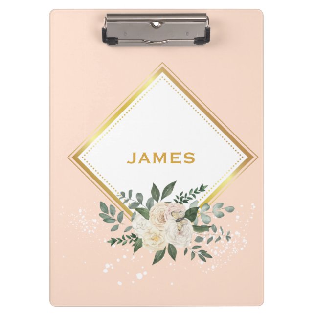 Moderne Monogram Personalisiert Floral Gold Clipbo Klemmbrett (Vorderseite)