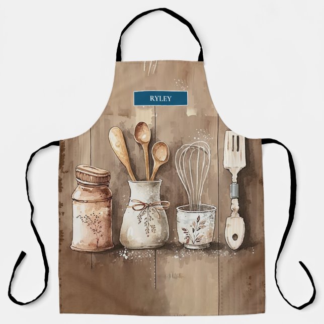 Moderne Monogram Rustic Kitchen Utensils Schürze (Vorderseite)