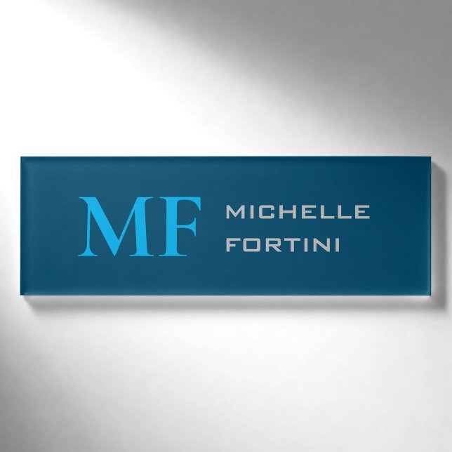 Moderne Monogram Schlicht Sky & Ocean Blue Namenschild (Vorderseite)