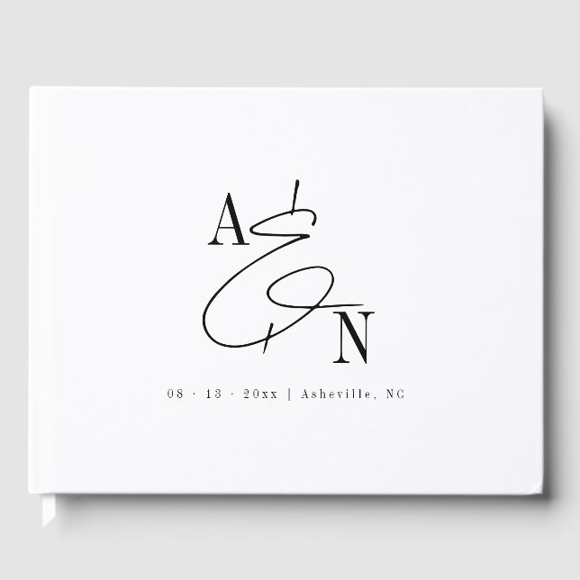 Moderne Monogram Schwarz-weiße Elegante Hochzeit Gästebuch (Vorderseite)