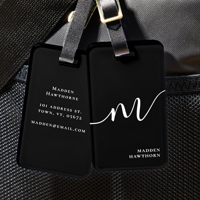 Moderne Monogram Script Calligraphy Black Gepäckanhänger (Von Creator hochgeladen)