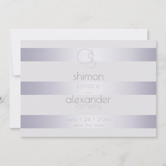 Moderne Monogram-Silver Lilac-Streifen Save The Date (Vorderseite)