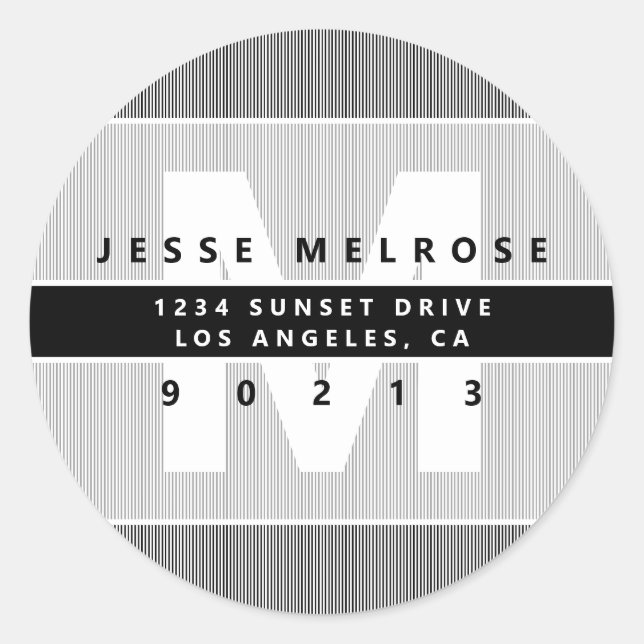 Moderne Monogram & Stripes B&W Grau Rücksendeadres Runder Aufkleber (Vorderseite)