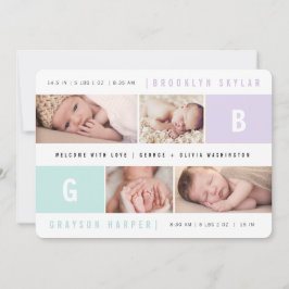 Moderne Monogram Twins 4-Foto Design Birth Ankündigung