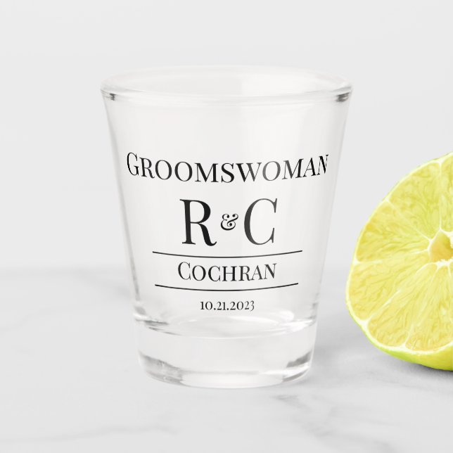 Moderne Monogram Wedding Groomswoman Gefallen Gesc Schnapsglas (Vorderseite)