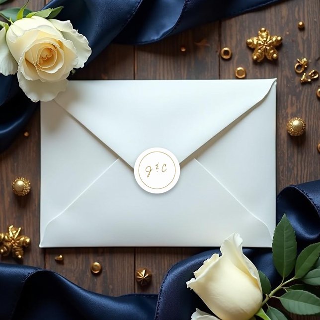 Moderne Monogram White Gold Hochzeit Runder Aufkleber (Modern Monogram White Gold Wedding Classic Round Sticker.)