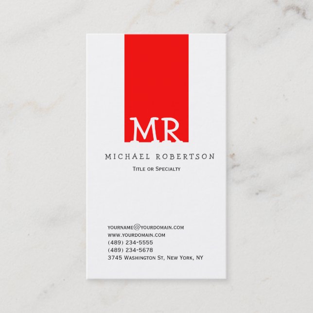 Moderne Monogram White Red Clean Business Card Visitenkarte (Vorderseite)