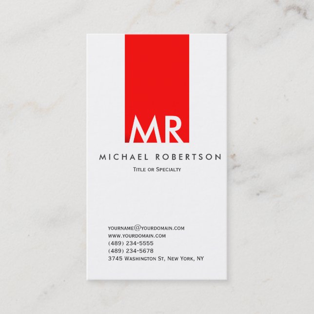 Moderne Monogram White Red Clean Business Card Visitenkarte (Vorderseite)