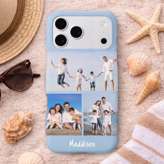 Moderne Monogramm 3-Foto-Collage Babyblau