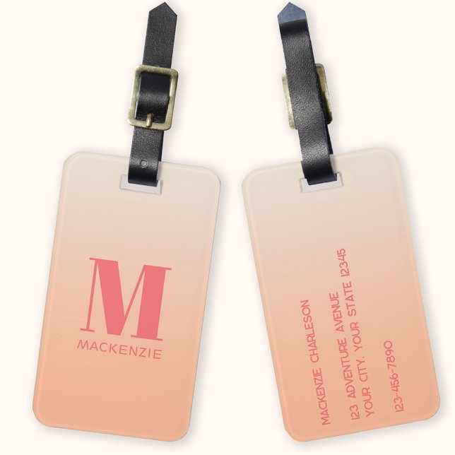 Moderne Monogramm Anfangsname Peach Gradient Gepäckanhänger (Peach gradient monogram initial personalized luggage tag)