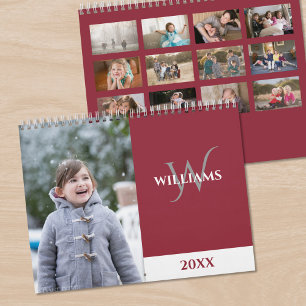 Moderne Monogramm Burgunderrote Foto Kalender