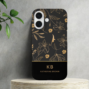 Moderne Monogramm Elegante Schwarz Gold Blumenmust iPhone 16 Hülle