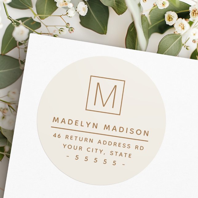 Moderne monogramm-elfenbeinfarbene Rücksendeadress Runder Aufkleber (Modern monogram ivory colored return address classic round sticker)
