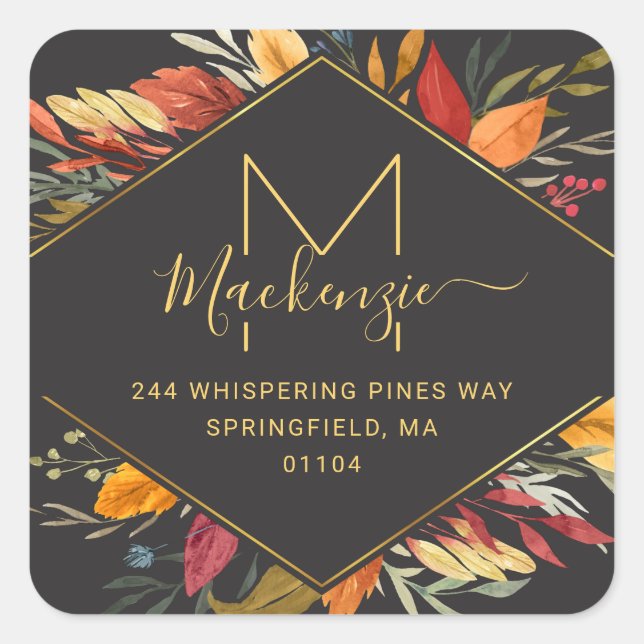 Moderne Monogramm Fall Foliage-Rücksendeadresse Quadratischer Aufkleber (Vorderseite)