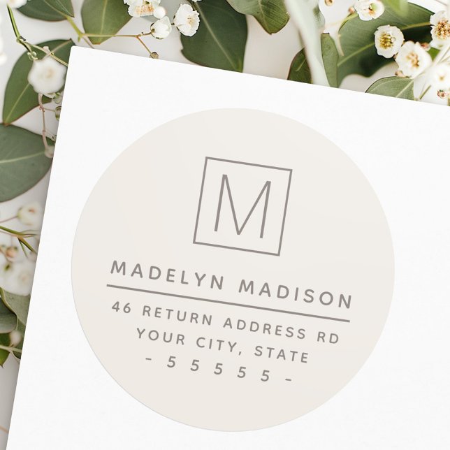 Moderne monogramm hellbraune Rücksendeadresse Runder Aufkleber (Modern monogram light tan brown return address classic round sticker)