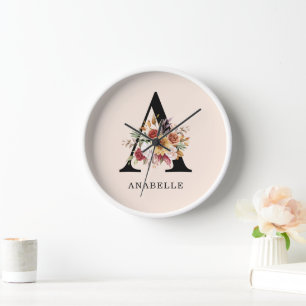Moderne Monogramm Herbst Wasserfarben Floralien Uhr