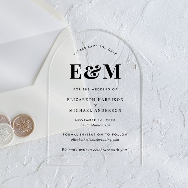 Moderne Monogramm-Initialen Bogen Save The Date Acryleinladungen (Make your day unforgettable with stunning arch acrylic save the dates—modern, elegant, unique!)