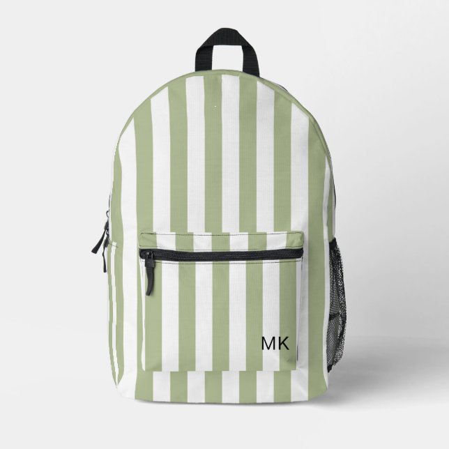 Moderne Monogramm-Initialen mit grünem Streifen Bedruckter Rucksack (Vorderseite)