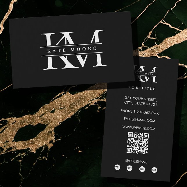 Moderne Monogramm-Initialen Professionell Schwarz  Visitenkarte (Modern Monogram Initials Professional Black White Business Card)