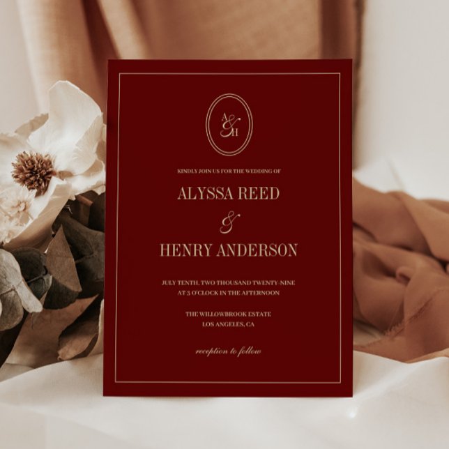 Moderne Monogramm-Klassische Weinrote Hochzeit Einladung (Von Creator hochgeladen)