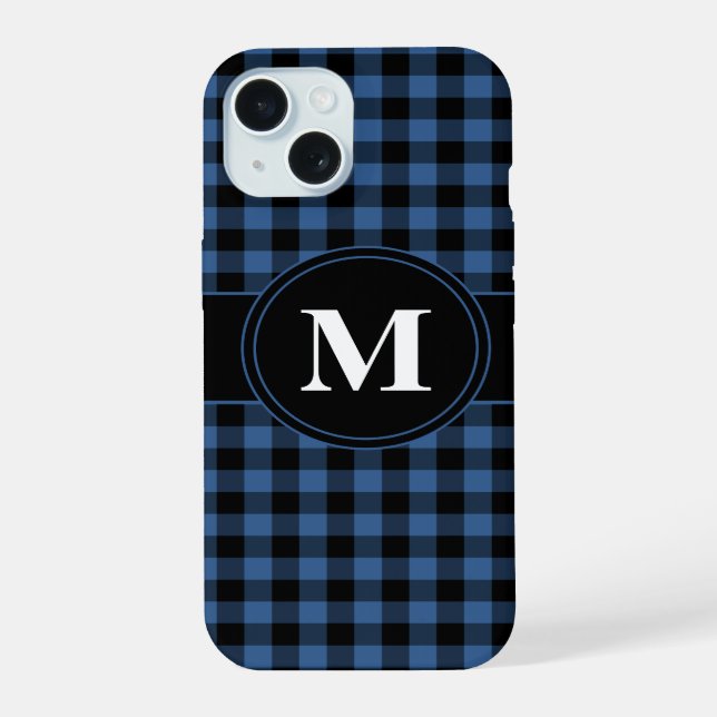 Moderne Monogramm mit blauem Karomuster iPhone 15 Hülle (Rückseite)