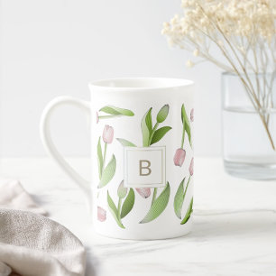Moderne Monogramm mit rosa Tulpenblüten Prozellantasse