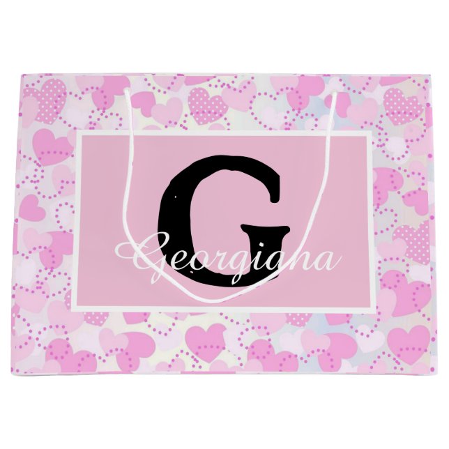 Moderne Monogramm Name auf Lila rosa, weißen Herze Große Geschenktüte (Vorderseite)