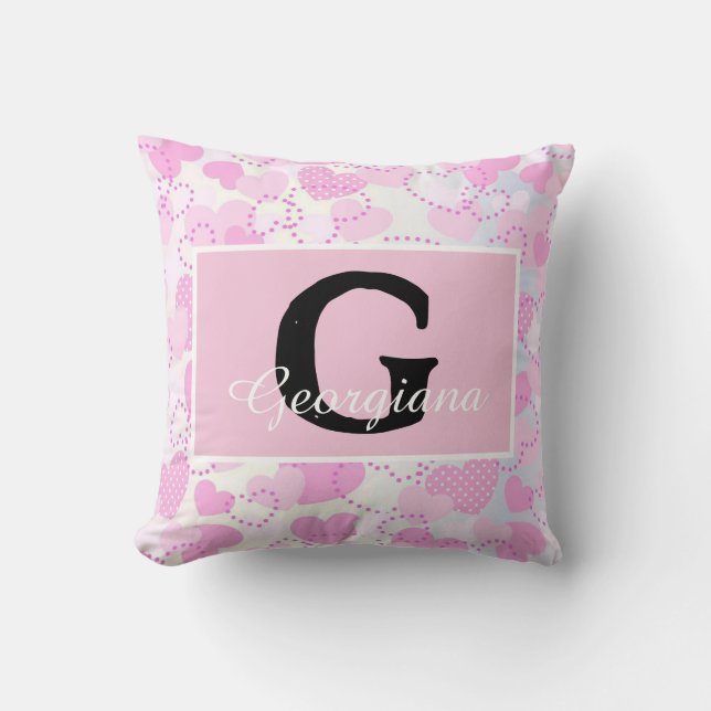 Moderne Monogramm Name auf Lila rosa, weißen Herze Kissen (Vorderseite)