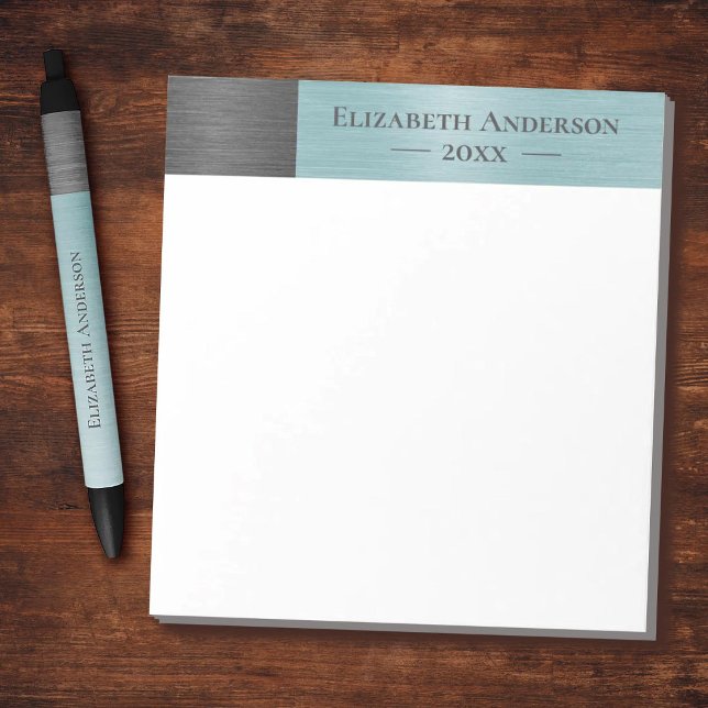 Moderne Monogramm-Name gebürstetes Metall Notizblock (metallic blue and grey modern chic monogram name notepad)