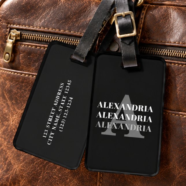 Moderne Monogramm Name Grau Schwarz Gepäckanhänger (Von Creator hochgeladen)